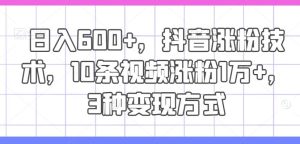日入600+，抖音涨粉技术，10条视频涨粉1万+，3种变现方式【揭秘】-网创资源总站