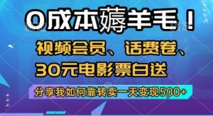 0成本薅羊毛!视频会员、话费卷、30元电影票白送，分享我如何靠转卖一天变现5张+【揭秘】-网创资源总站