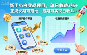 新手小白实战项目，单日收益3张+，正规长期可落地，后期可实现日收1k+【揭秘】-网创资源总站