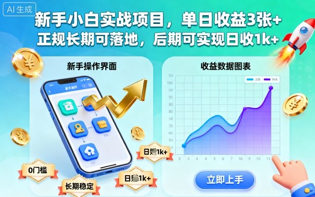新手小白实战项目，单日收益3张+，正规长期可落地，后期可实现日收1k+【揭秘】-网创资源总站