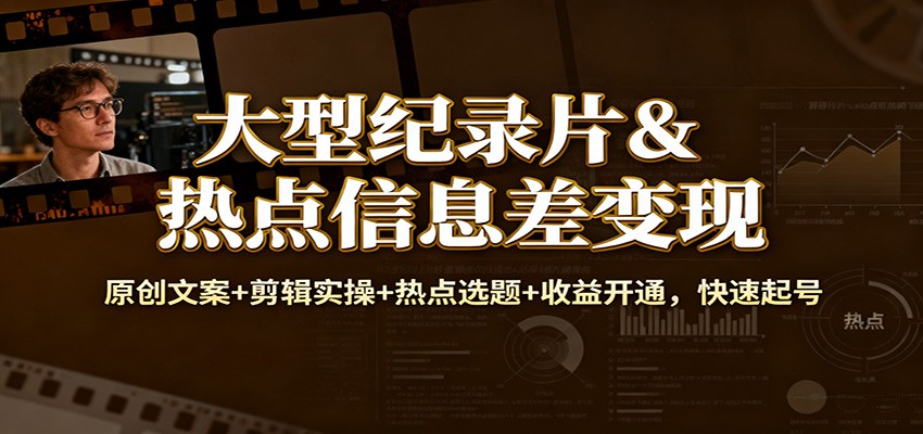 大型纪录片&热点信息差变现：原创文案+剪辑实操+热点选题+收益开通，快速起号-网创资源总站