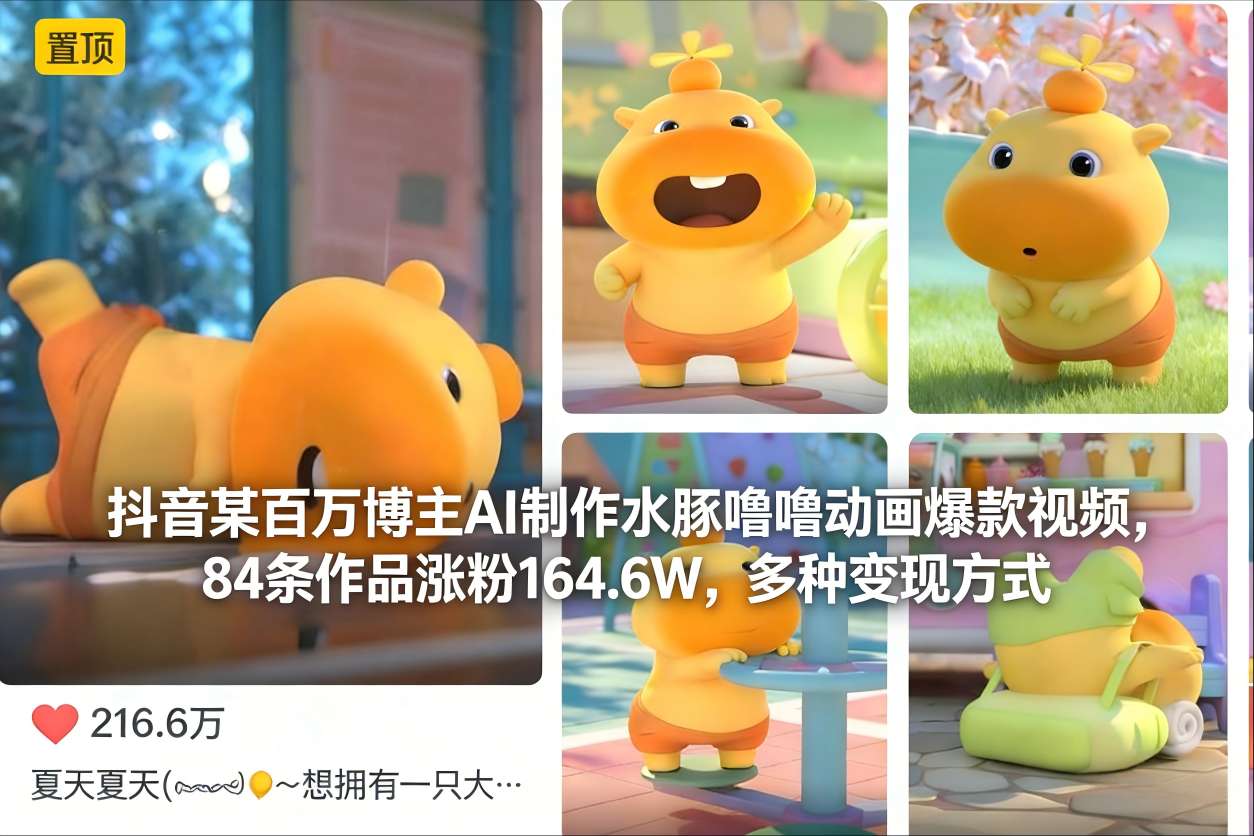 抖音某百万博主AI制作水豚噜噜动画爆款视频，84条作品涨粉164.6W，多种变现方式-网创资源总站