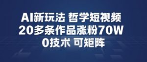 AI新玩法哲学短视频制作教学，20多条作品涨粉70W，0成本赛道，可矩阵-网创资源总站
