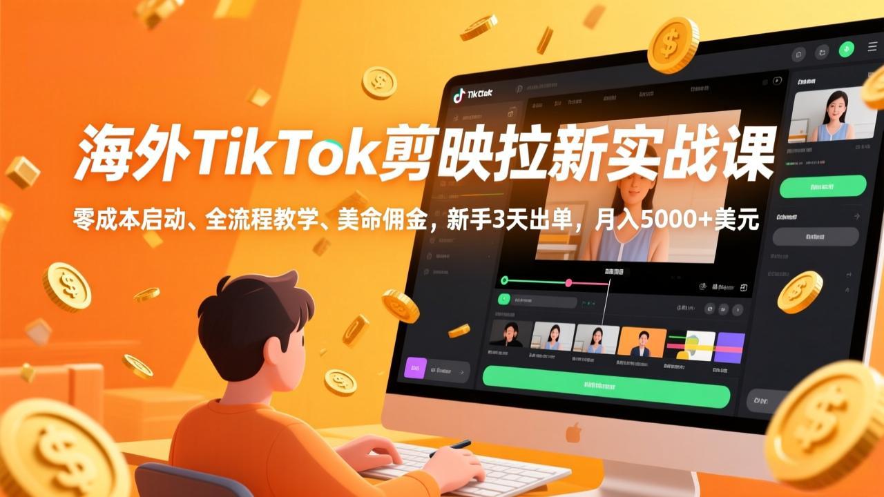 海外TikTok剪映拉新实战课，零成本启动、全流程教学、美金佣金，新手3天出单，月入5000+美元-网创资源总站