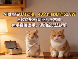 AI赋能猫咪轻动漫，40个作品涨粉152.8W，日收益5张+副业标杆赛道，新手直接上手，保姆级玩法拆解-网创资源总站