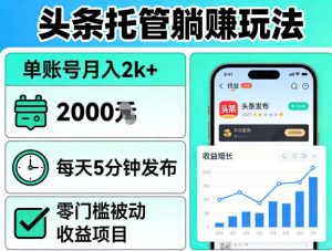 头条托管躺賺玩法，单账号月入2k+，每天5分钟发布即可，零门槛被动收益项目【揭秘】-网创资源总站