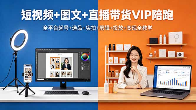 短视频+图文+直播带货VIP陪跑，全平台起号+选品+实拍+剪辑+投放+变现全教学-网创资源总站