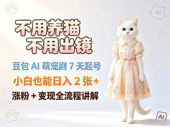 不用养猫不用出镜，豆包AI萌宠剧7天起号，小白也能日入2张+，涨粉+变现全流程讲解-网创资源总站