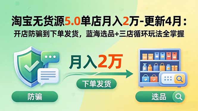 淘宝无货源5.0单店月入2万-更新5月：开店防骗到下单发货，蓝海选品+三店循环玩法全掌握-网创资源总站