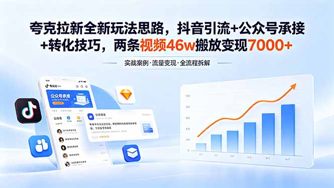 夸克拉新全新玩法思路，抖音引流+公众号承接+转化技巧，两条视频46w搬放 变现7000+-网创资源总站